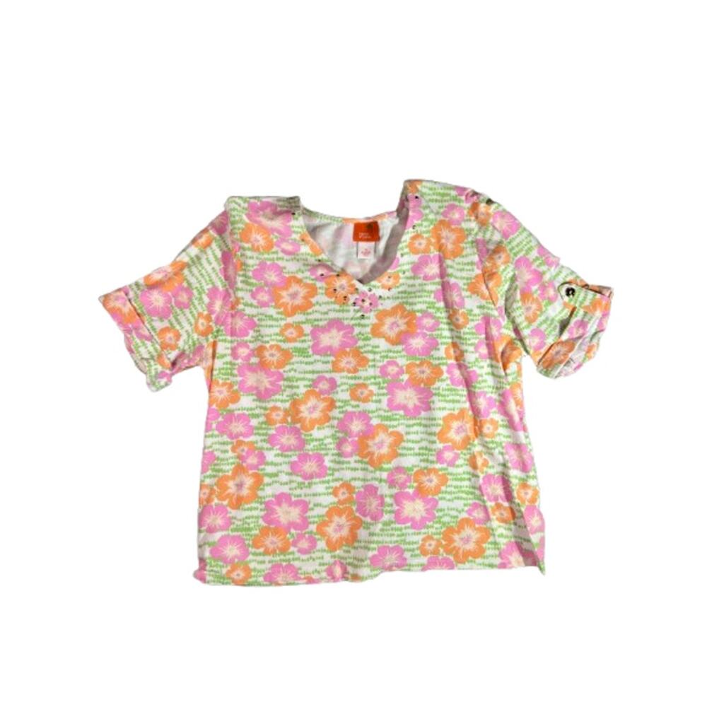 Hearts of Palm orange floral print womens shirt XL
